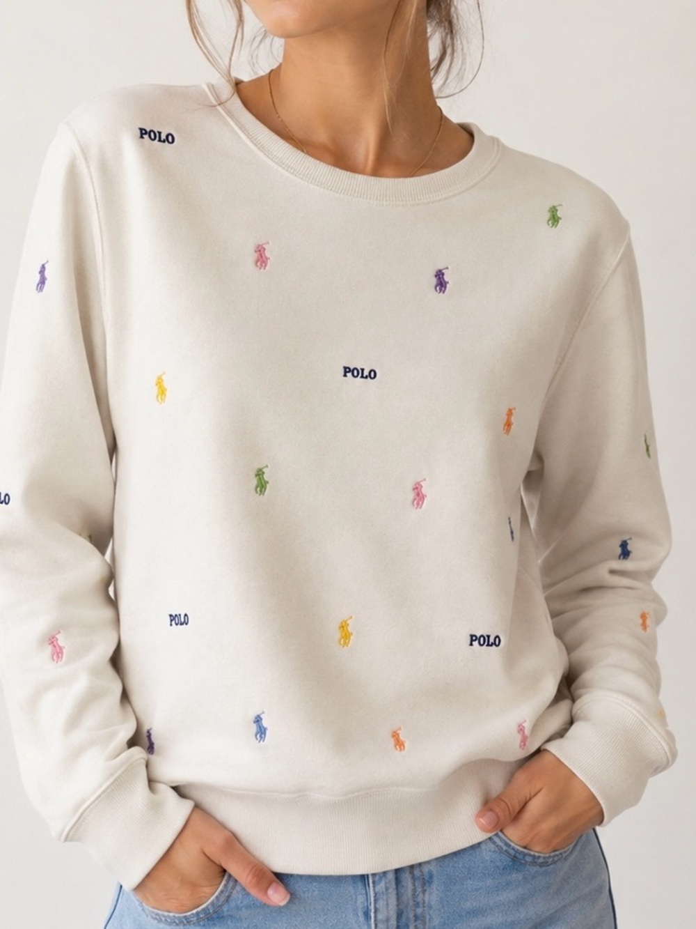 Polo Ralph Lauren AllOver Multi Pony Embroidered White Crewneck Sweatshirt Small